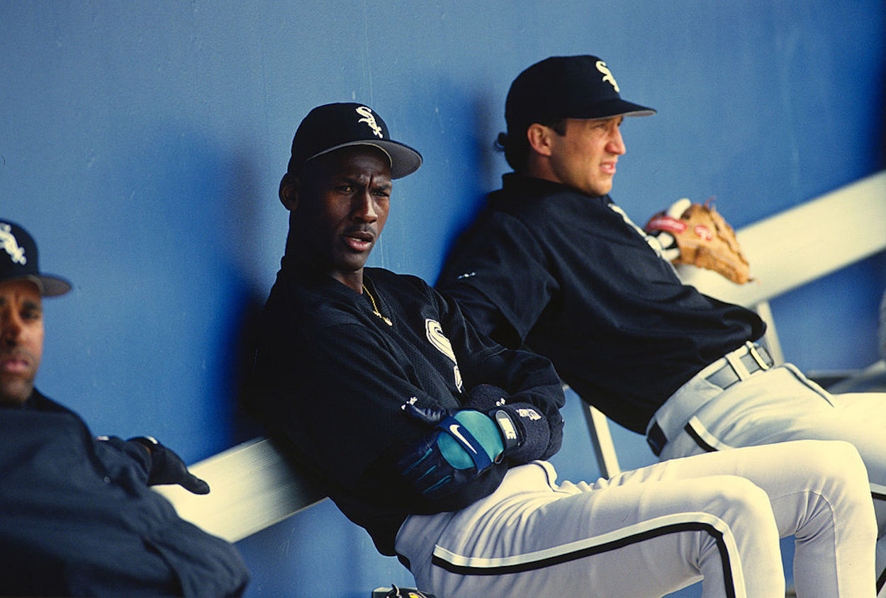 Michael Jordan sits in the dugout during his time playing baseball.