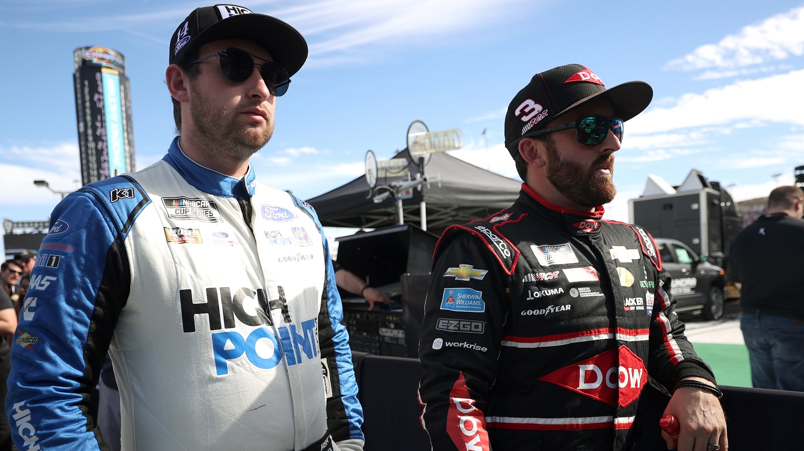 Chase Briscoe and Austin Dillon wait during pre-race ceremonies for the NASCAR Cup Series Championship at Phoenix Raceway on Nov. 7, 2021.