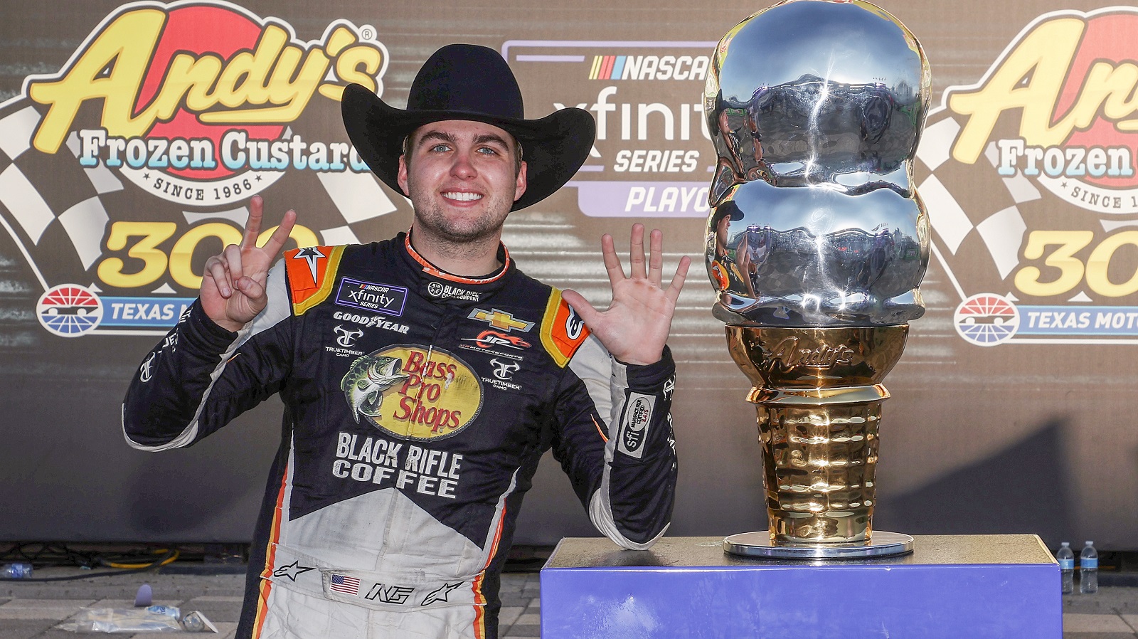 Noah Gragson celebrates winning the NASCAR Xfinity Series Andy's Frozen Custard 300 at Texas Motor Speedway on Sept. 24, 2022.