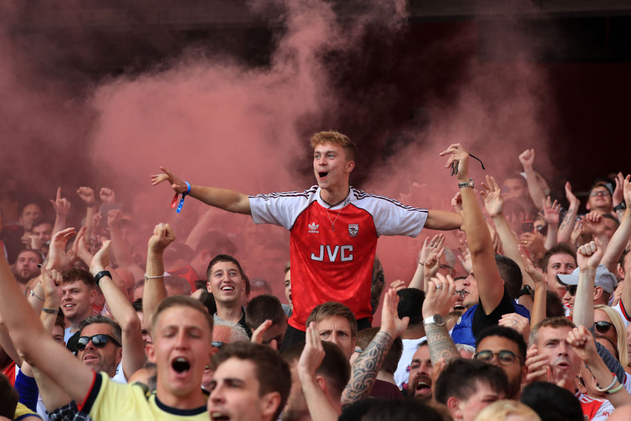 Arsenal fans celebrate during a North London Derby victory over Tottenham.