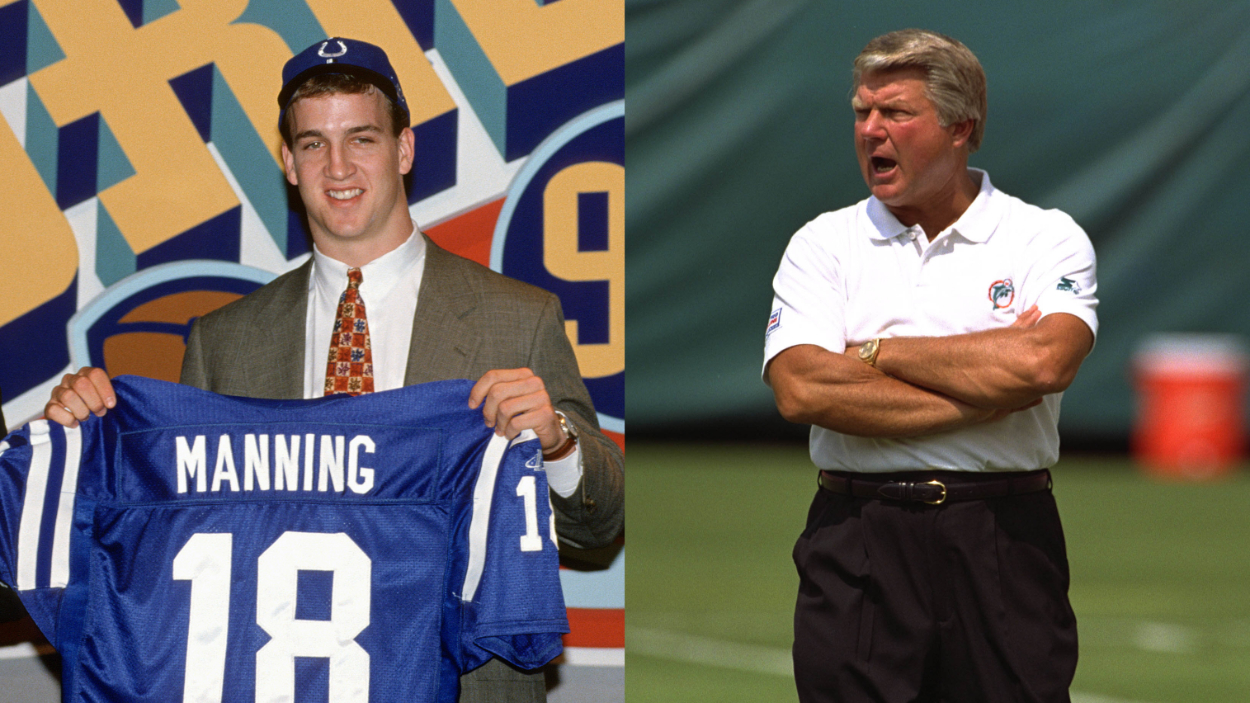 (LR) L'ancien QB des Colts d'Indianapolis Peyton Manning, l'ancien entraîneur des Cowboys de Dallas et des Dolphins de Miami Jimmy Johnson.