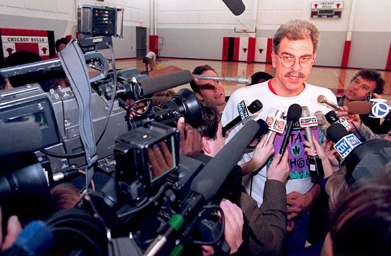 Head coach Phil Jackson speaks to the media during his time with the Chicago Bulls.