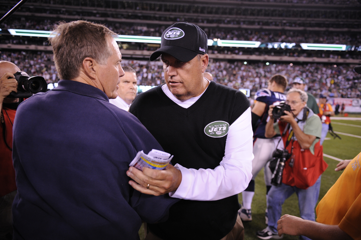 Head coaches Bill Belichick of the New England Patriots and Rex Ryan of the New York Jets at Metlife Stadium on September 19, 2010.