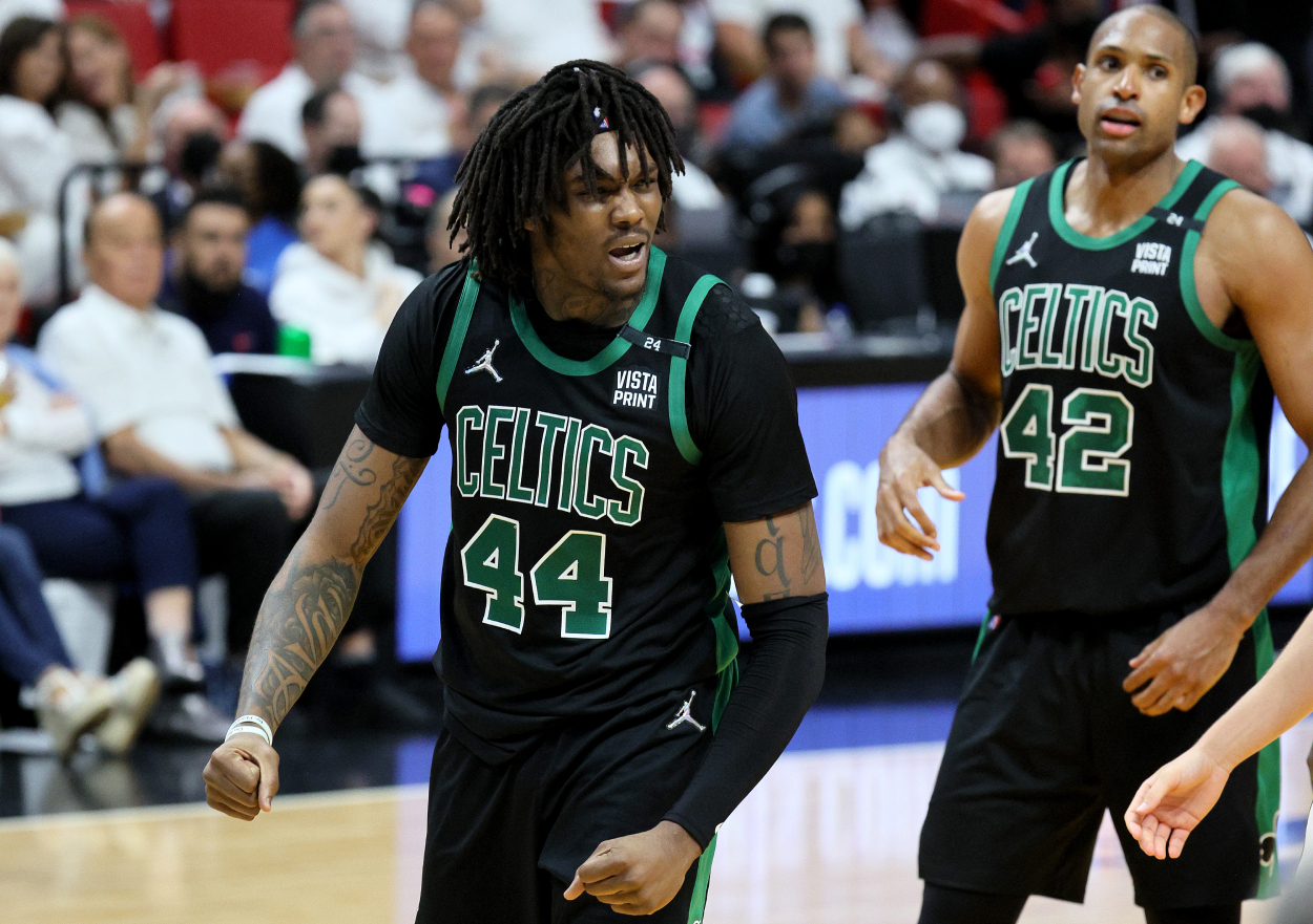 Robert Williams III of the Boston Celtics reacts to a play against the Miami Heat.