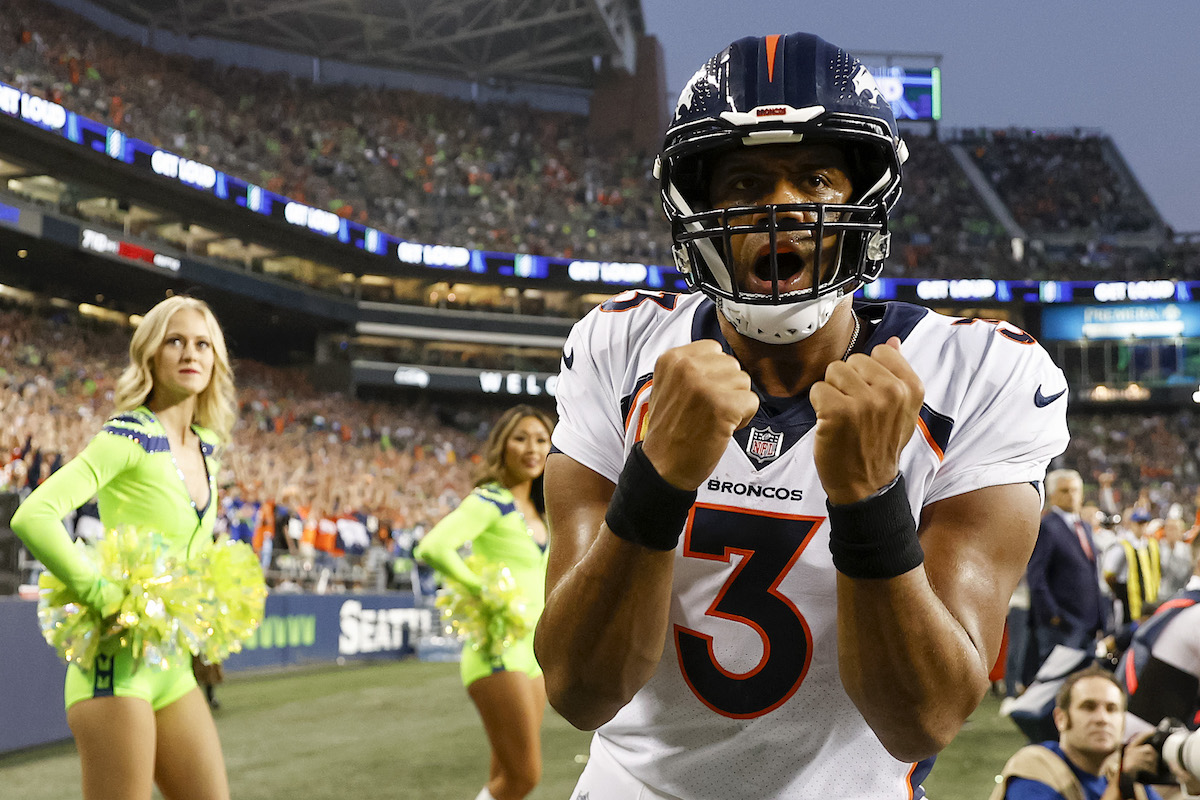Russell Wilson of the Denver Broncos reacts during the fourth quarter against the Seattle Seahawks