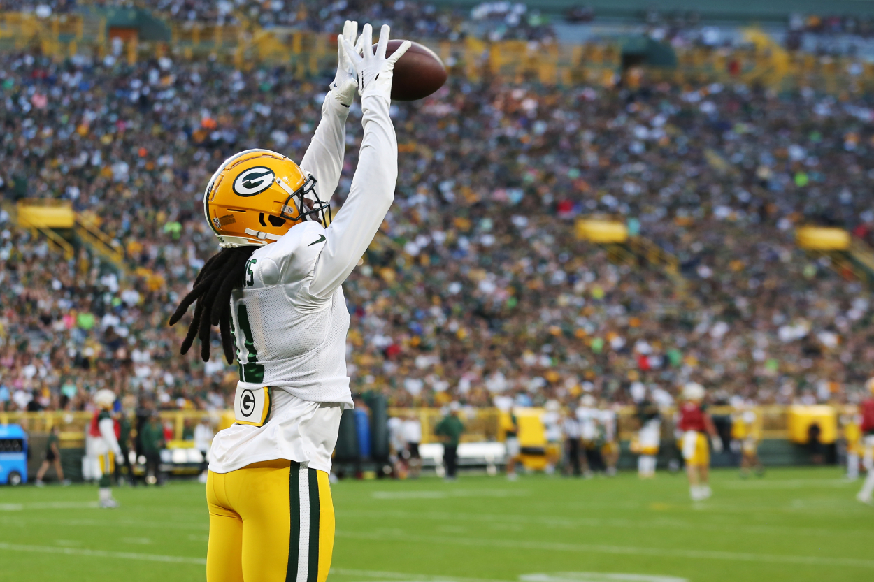 Green Bay Packers wide receiver Sammy Watkins makes a catch during Green Bay Packers Family Night.