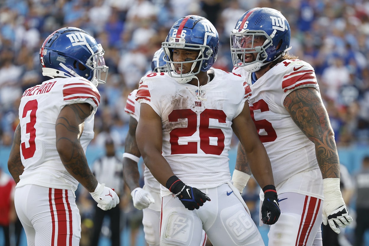 Saquon Barkley celebrates after scoring a touchdown.