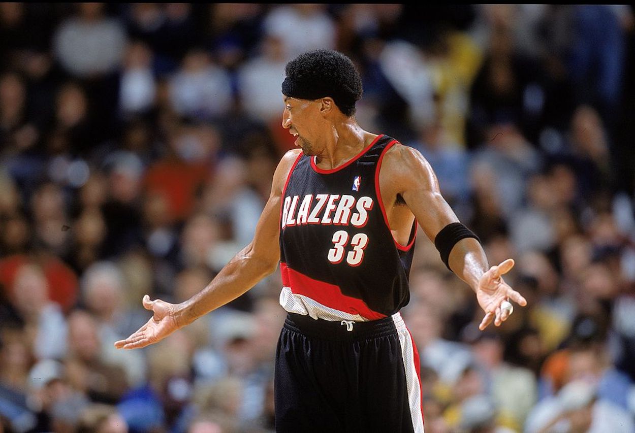 Scottie Pippen gestures on the court as a member of the Portland Trail Blazers.
