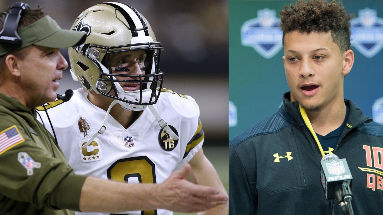 (L-R) New Orleans Saints' Sean Payton and Drew Brees, Kansas City Chiefs' Patrick Mahomes.