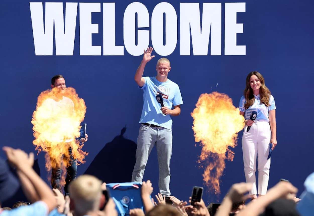 Erling Haaland is introduced after signing for Manchester City.