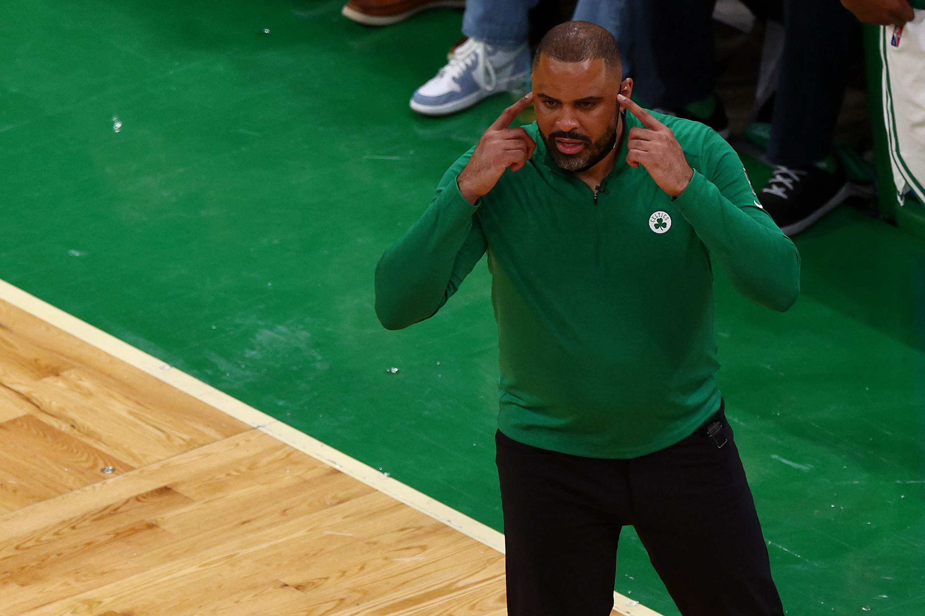Head coach Ime Udoka of the Boston Celtics calls out a play.
