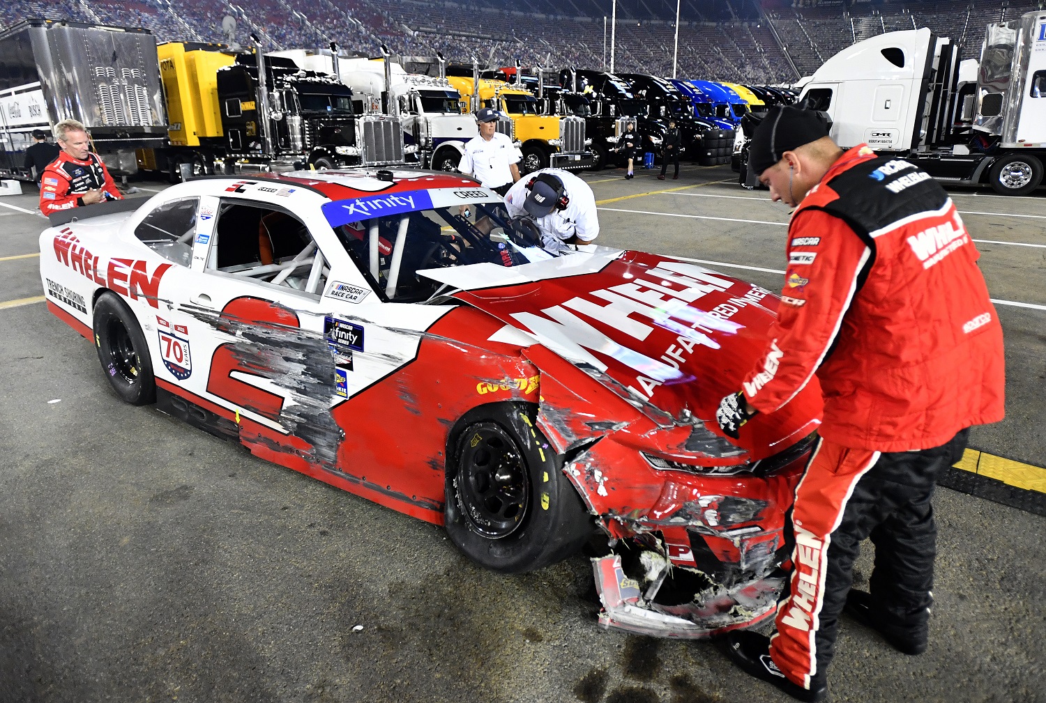 Crew members attend the No. 2 Chevrolet of Sheldon Creed after an on-track incident during the NASCAR Xfinity Series Food City 300 at Bristol Motor Speedway on Sept. 16, 2022.