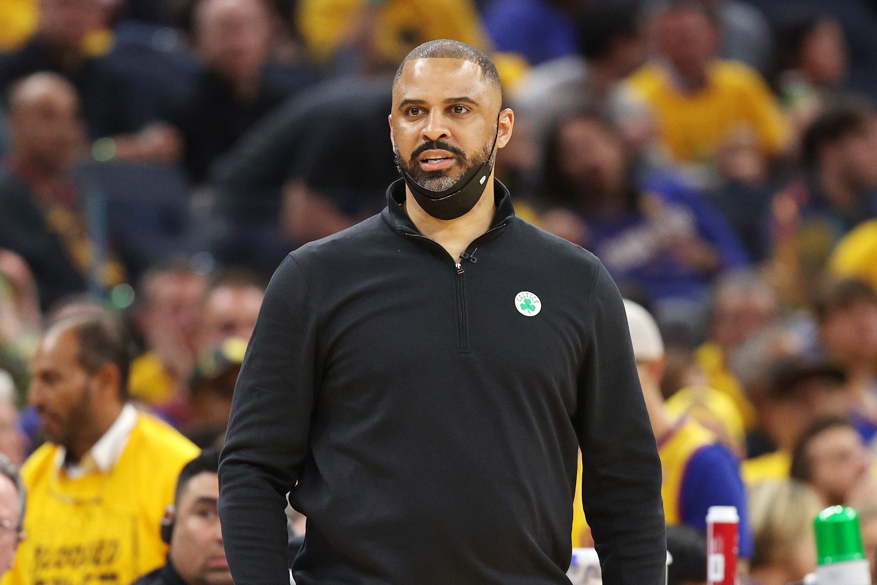 Head coach Ime Udoka of the Boston Celtics looks on during the second quarter against the Golden State Warriors.