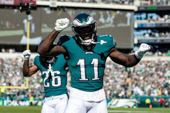 A.J. Brown celebrates after scoring a touchdown.