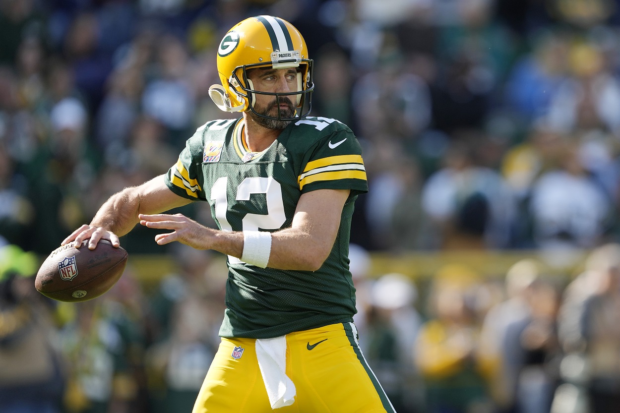 Aaron Rodgers during a Packers-Patriots matchup in October 2022