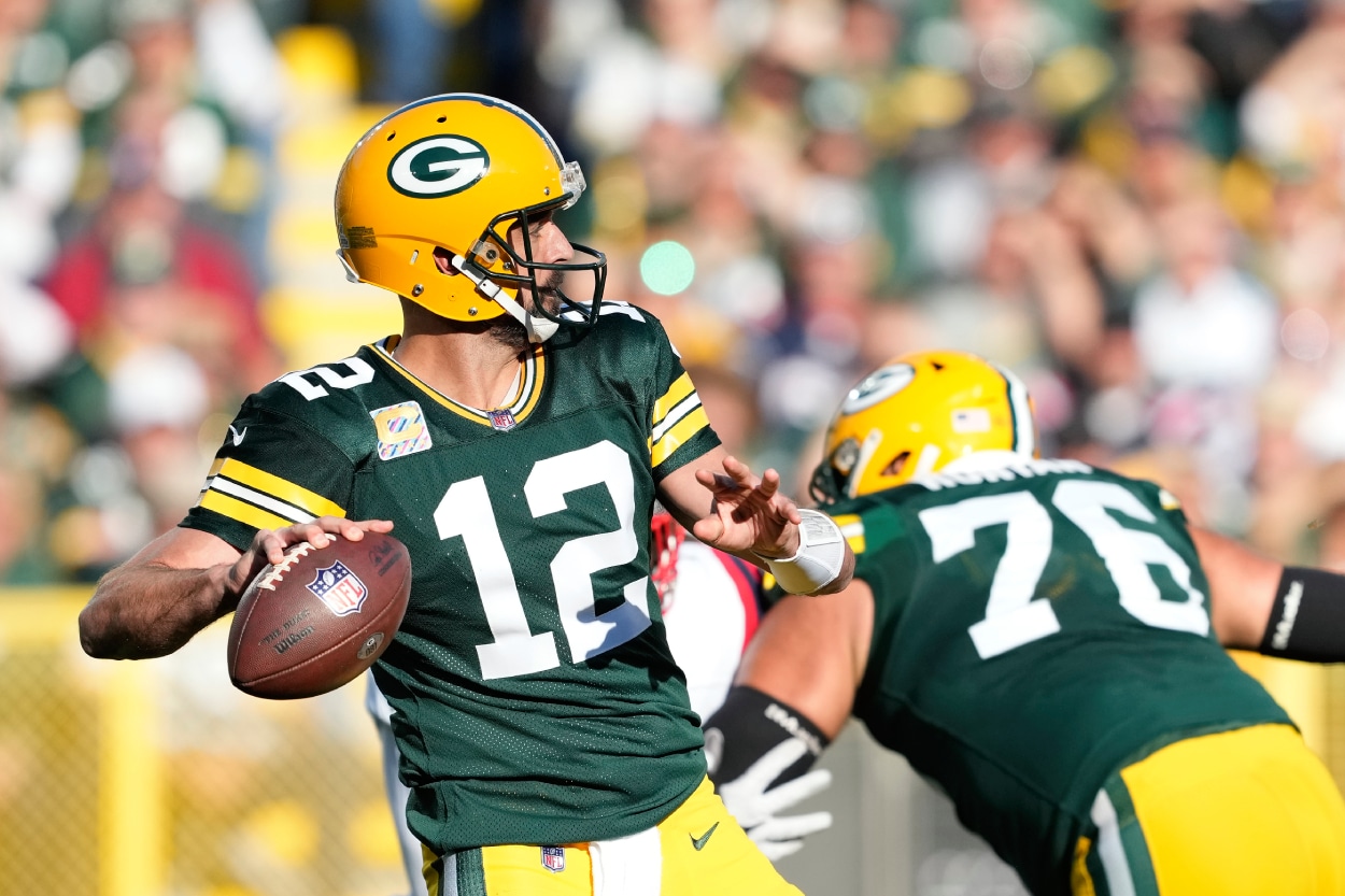 Aaron Rodgers of the Green Bay Packers attempts a pass.