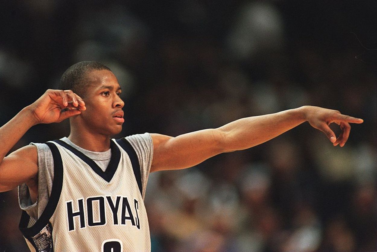 Allen Iverson gestures on the court during his time at Georgetown.