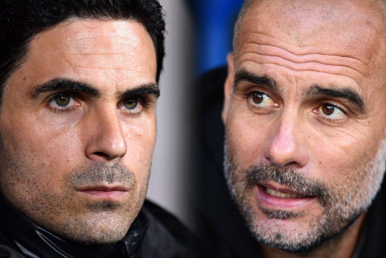 Arsenal manager Mikel Arteta (L) and Manchester City manager Pep Guardiola (R)