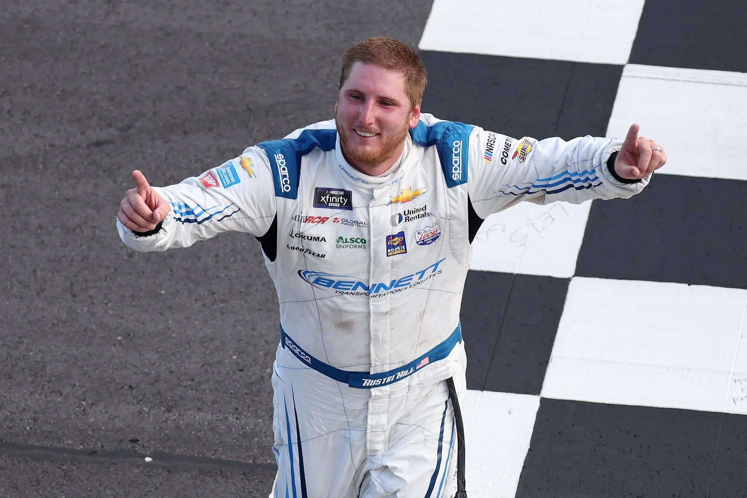 Austin Hill celebrates after winning the NASCAR Xfinity Series Alsco Uniforms 250 at Atlanta Motor Speedway on July 9, 2022.