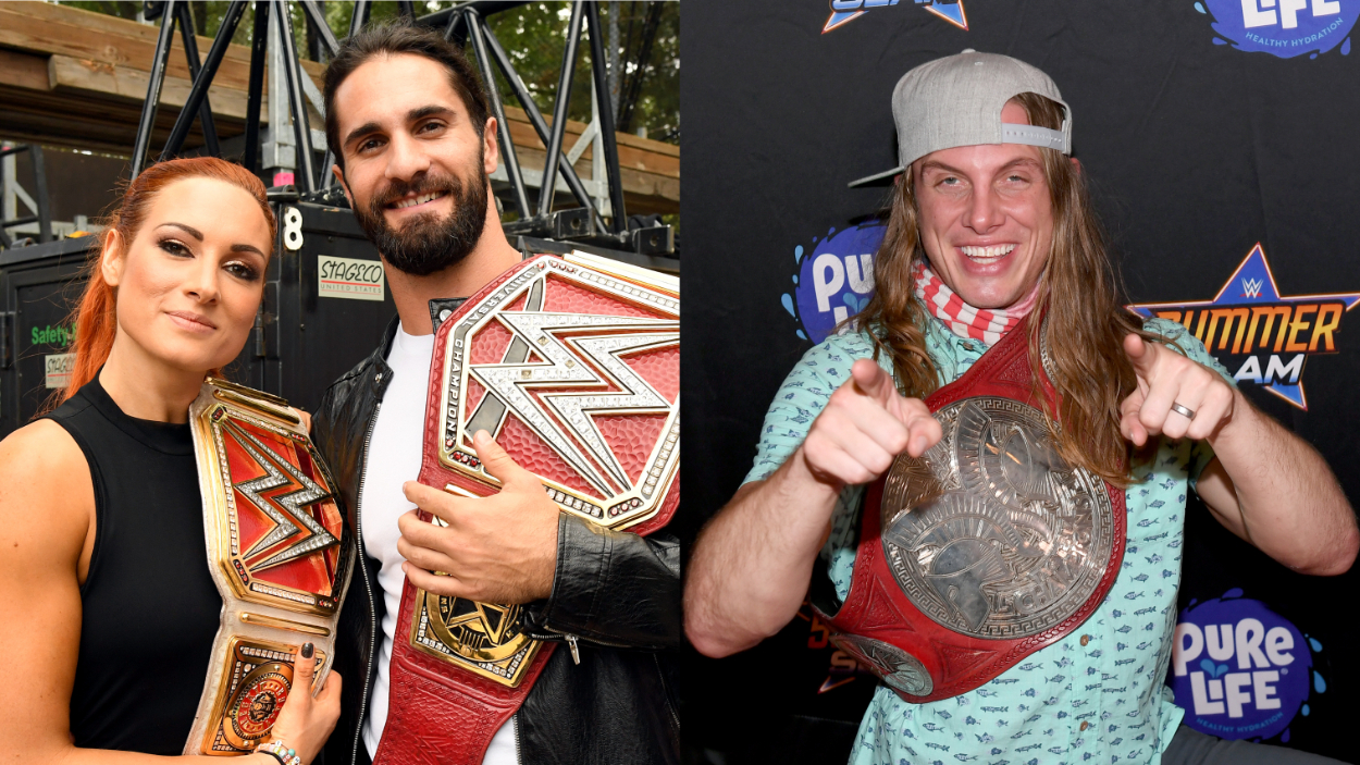 (L-R) WWE superstars Becky Lynch, Seth Rollins, and Matt Riddle.