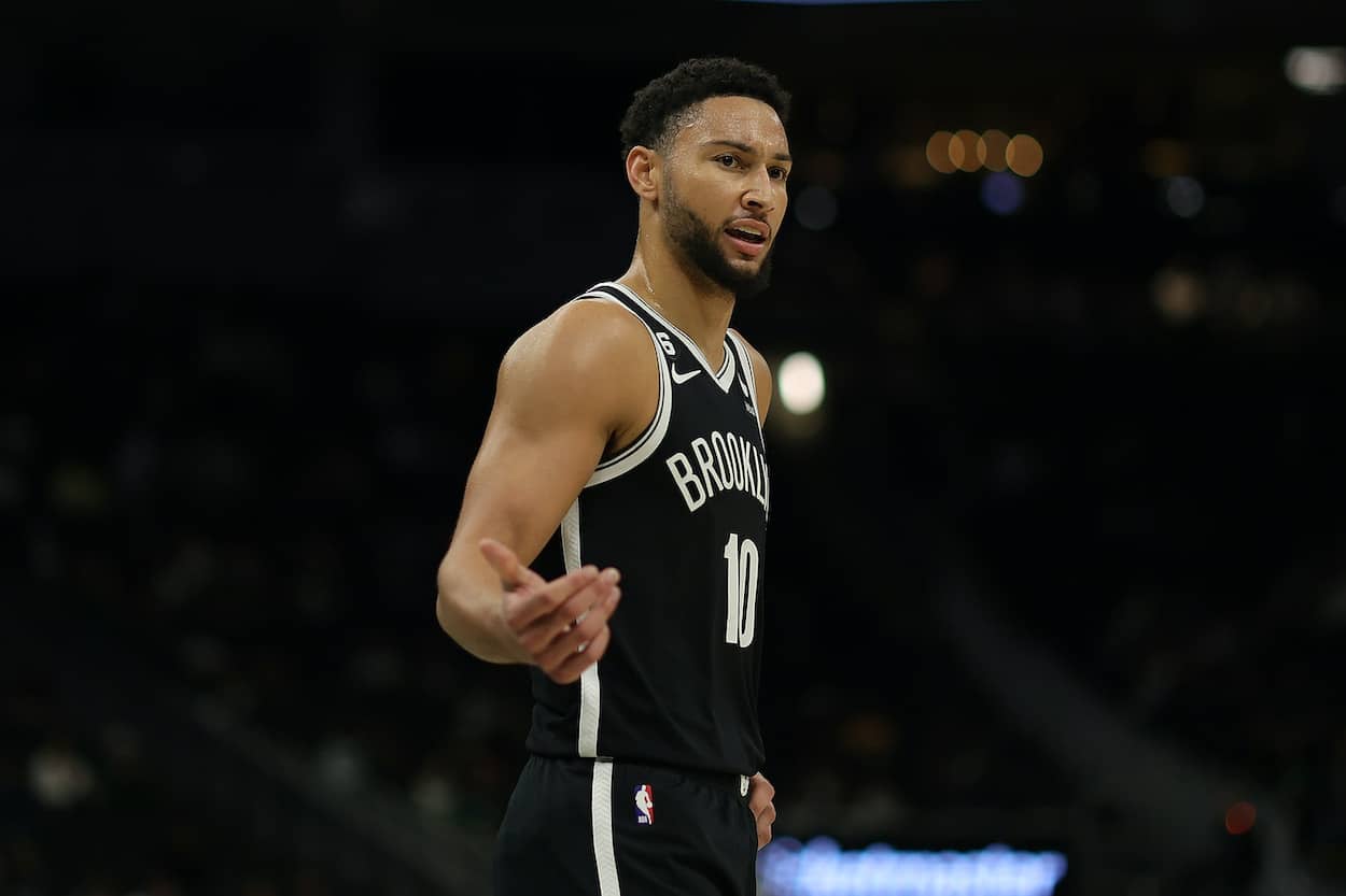 Ben Simmons argues a call during a game against the Bucks.