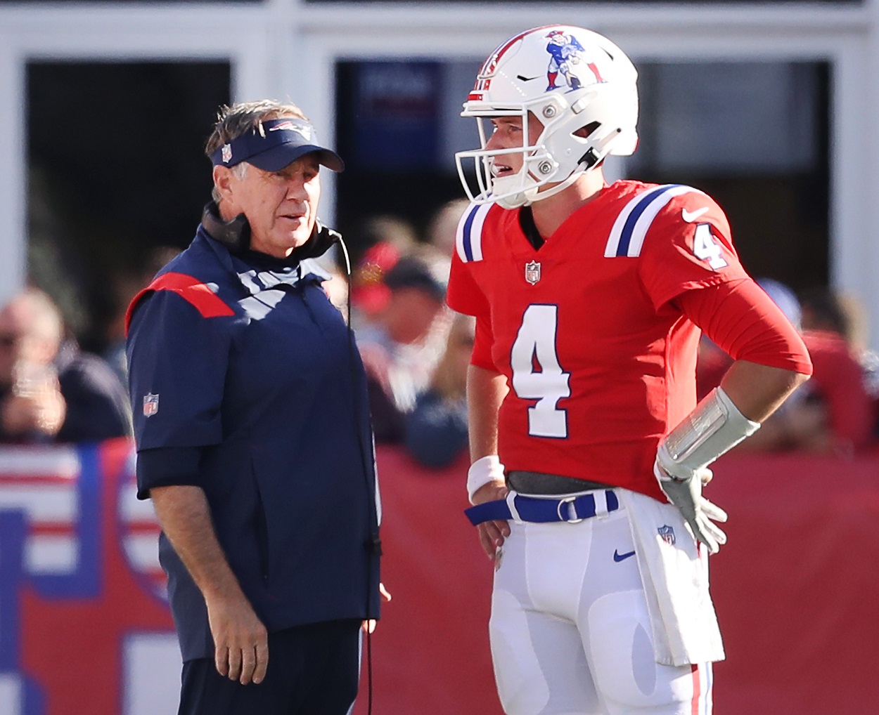 Bill Belichick and Bailey Zappe during a Patriots-Lions matchup in October 2022