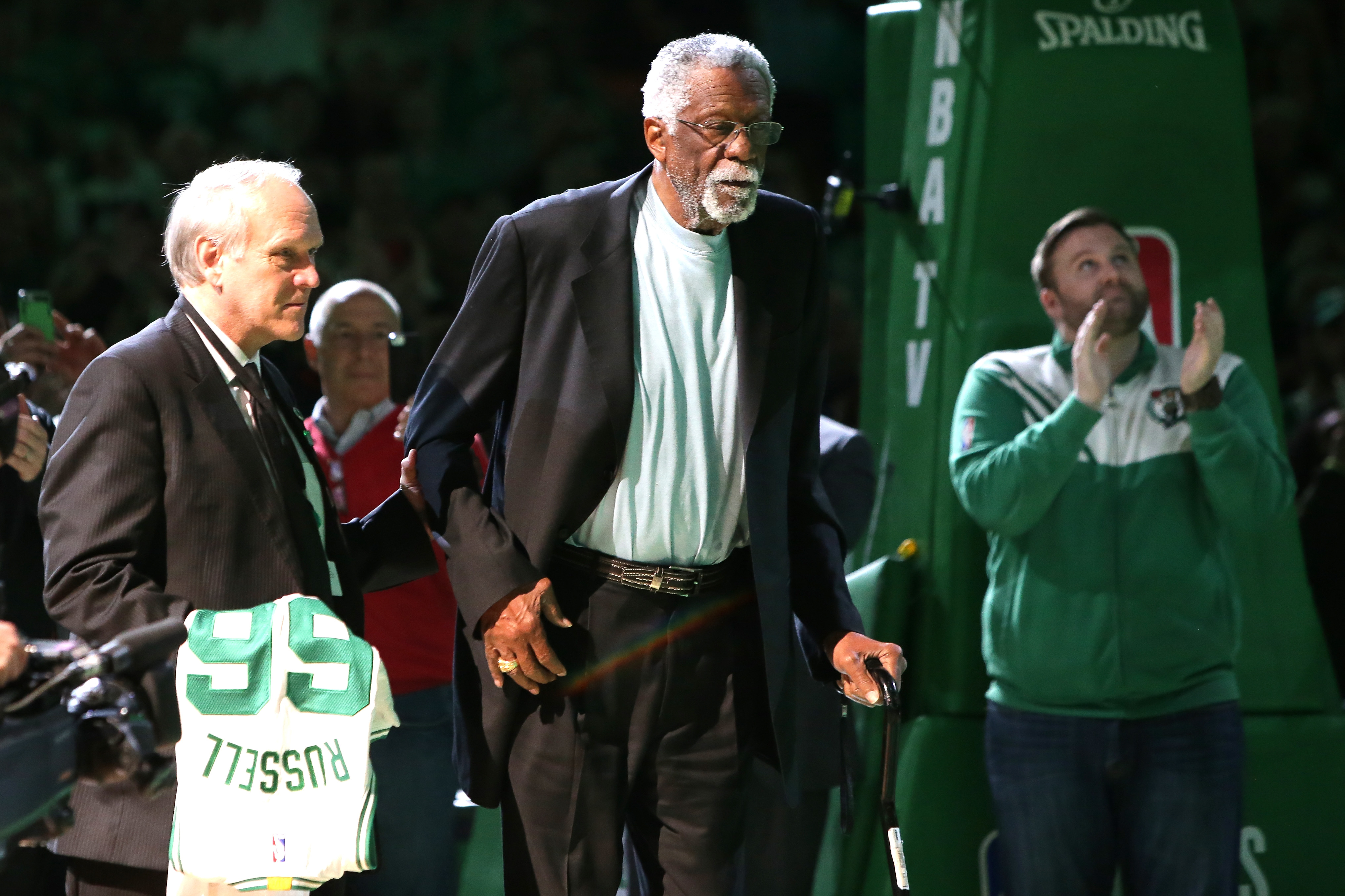 Bill Russell is honored at halftime of the game between the Boston Celtics and the Miami Heat at TD Garden on April 13, 2016.