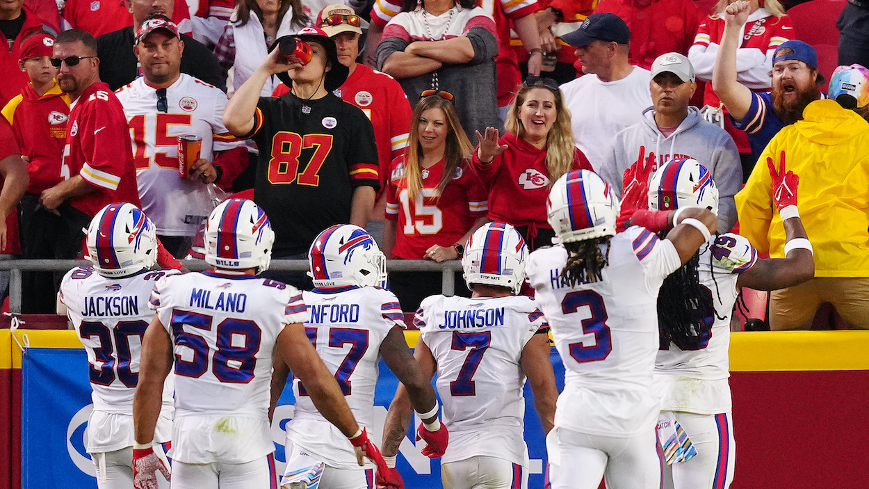 The Buffalo Bills defense celebrate in front of the Kansas City Chiefs fans. The Bills and Chiefs are two of the few good NFL teams in 2022.