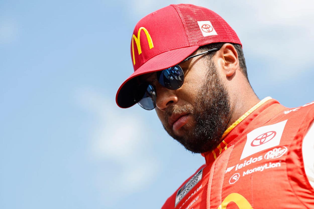 Bubba Wallace walks on stage ahead of the NASCAR Cup Series South Point 400.