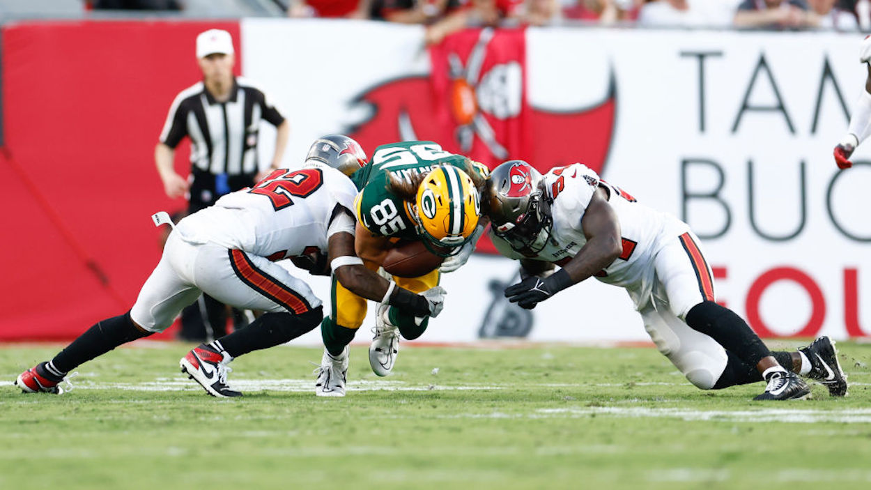 Tampa Bay Buccaneers defendersMike Edwards (L) and Lavonte David (R) combine for a tackle
