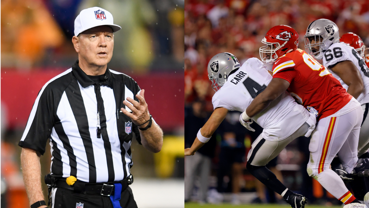 (L-R) NFL Referee Carl Cheffers; Derek Carr of the Las Vegas Raiders is sacked by Chris Jones of the Kansas City Chiefs.