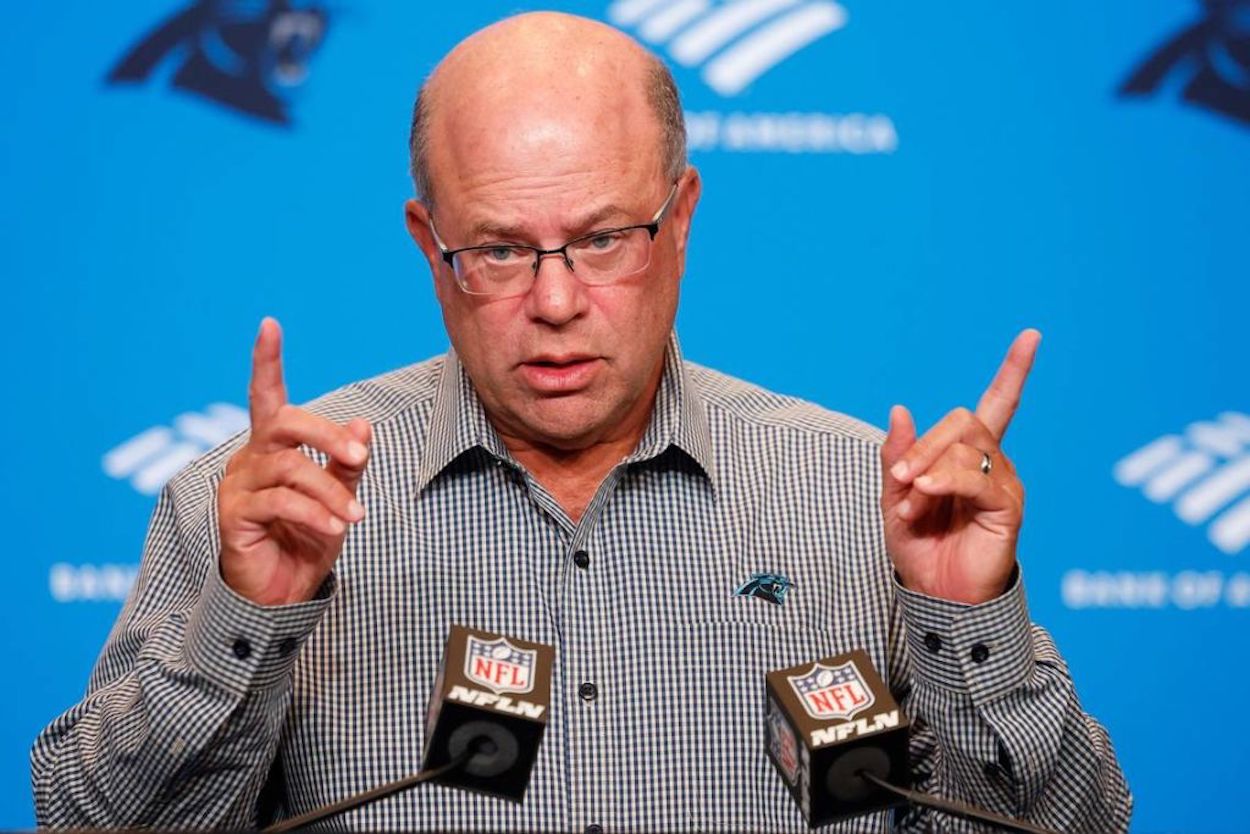 Carolina Panthers owner David Tepper fields questions during a press conference.