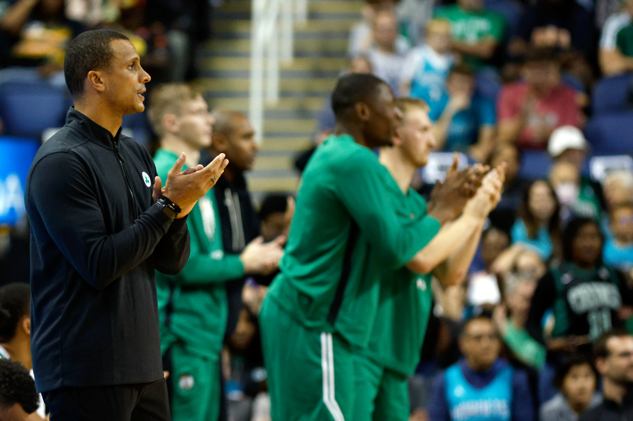 Head coach Joe Mazzulla of the Boston Celtics reacts during the second quarter of the game against the Charlotte Hornets.