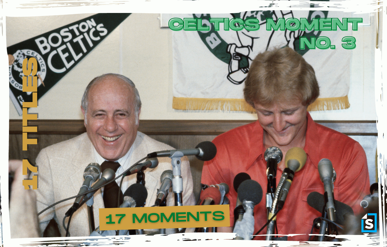 Larry Bird of Indiana State is all smiles with Celtics' general manager Red Auerbach.