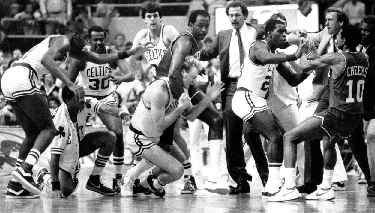 A fight breaks out during the third quarter of a regular season NBA game between the Boston Celtics and the Philadelphia 76ers.