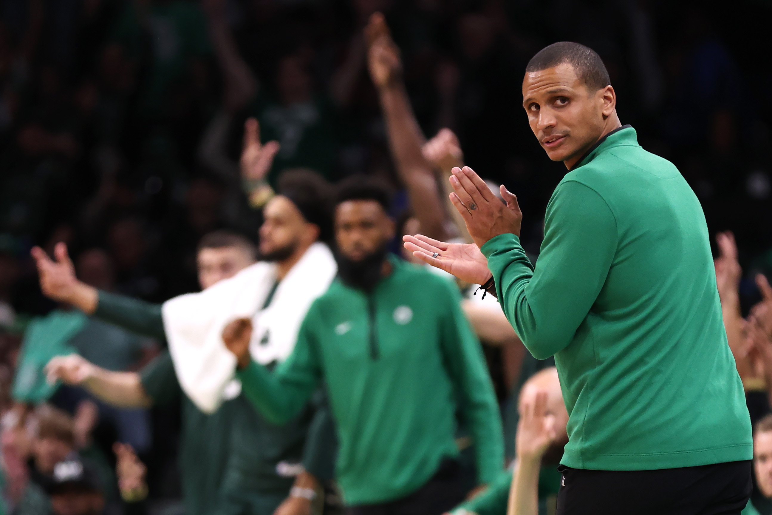 Boston Celtics interim head coach Joe Mazzulla looks on during the second half against the Philadelphia 76ers.