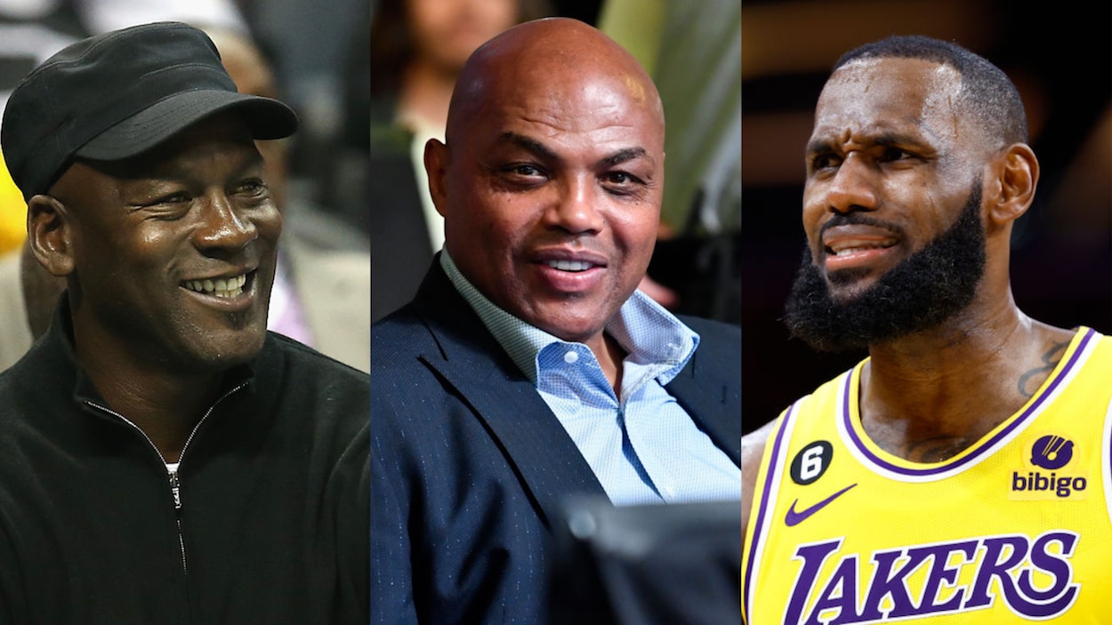 Michael Jordan (L), Charles Barkley (C), and LeBron James (R).