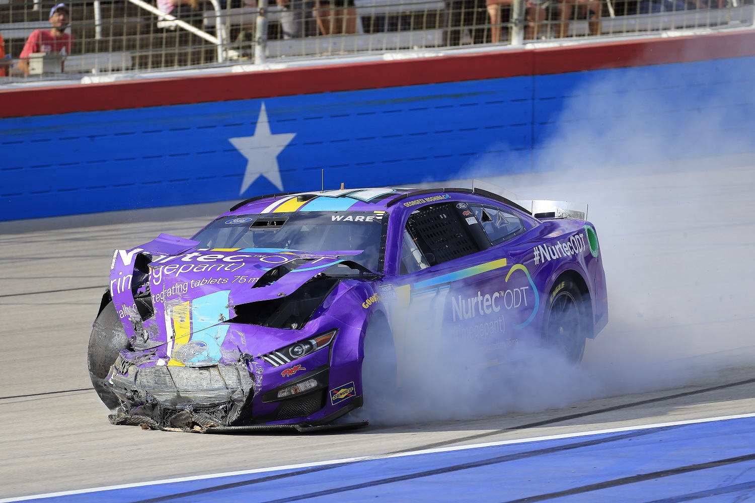Cody Ware after a big impact in Turn 4 during the NASCAR Cup Series Autotrader EchoPark Automotive 500 on Sept. 25, 2022 at the Texas Motor Speedway in Fort Worth, Texas.
