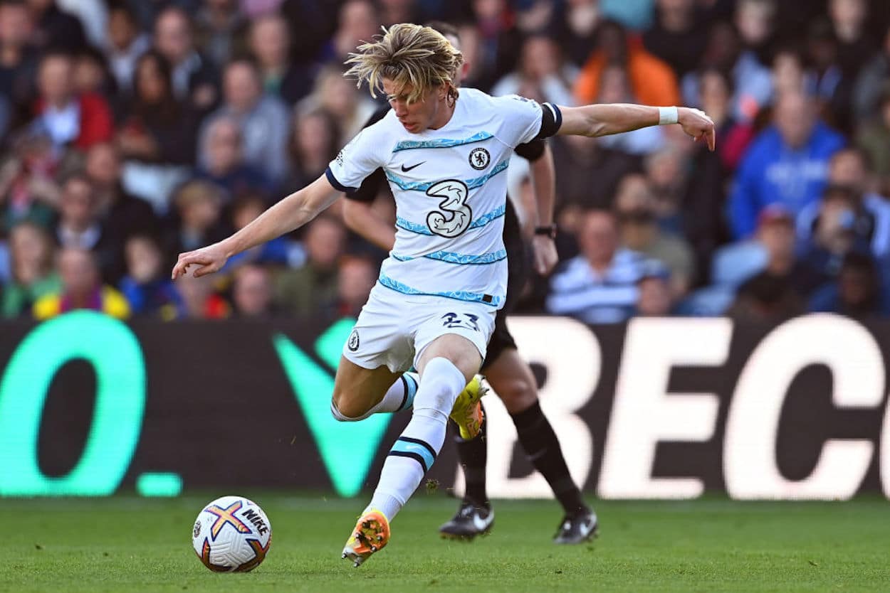 Connor Gallagher takes a shot for Chelsea against Crystal Palace.