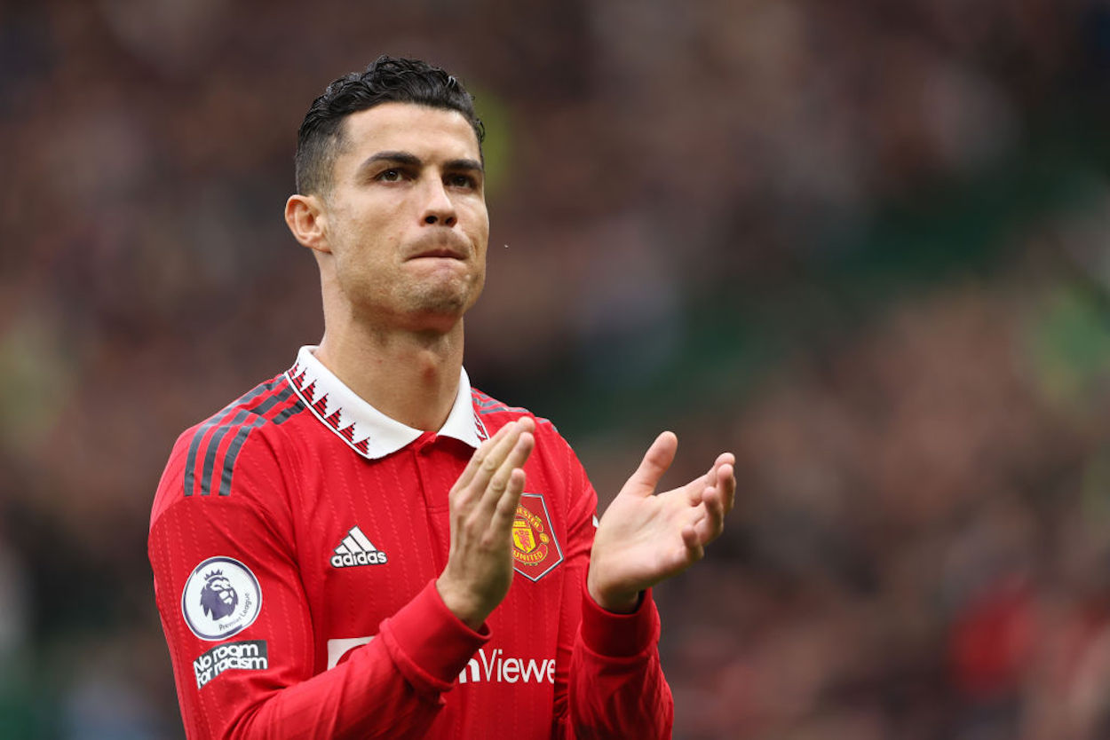 Cristiano Ronaldo applauds the supporters after a Manchester United match.