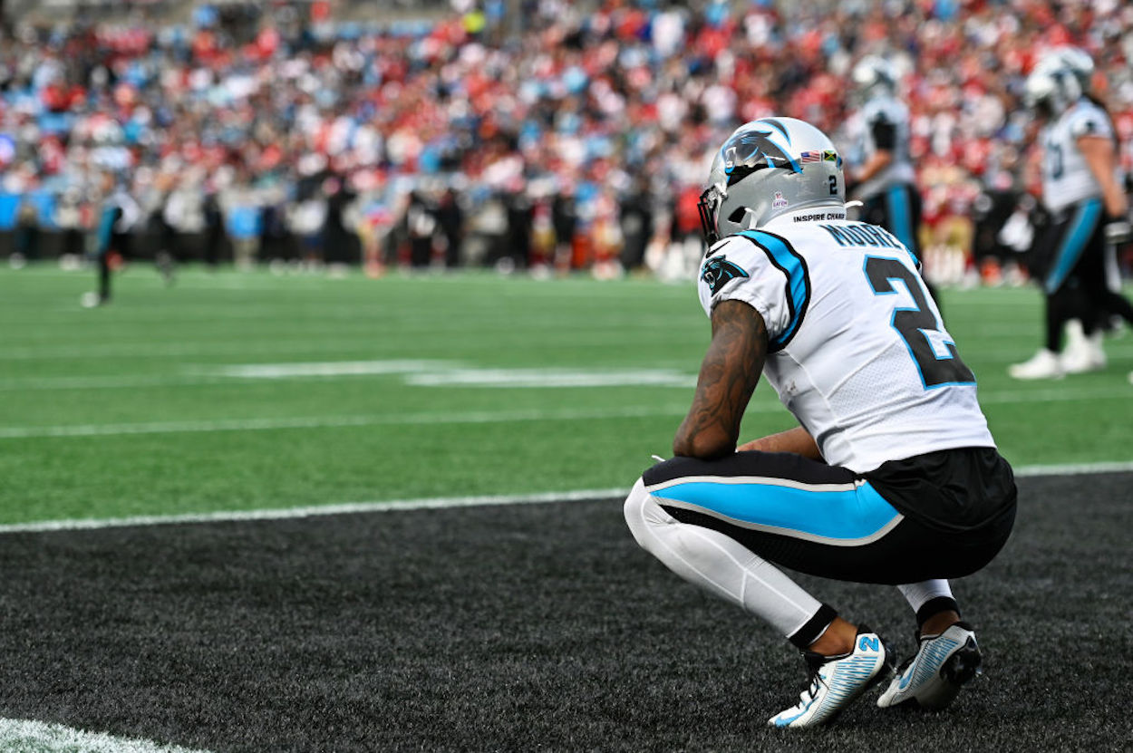 Carolina Panthers receiver DJ Moore in the end zone after a failed two-point conversion.