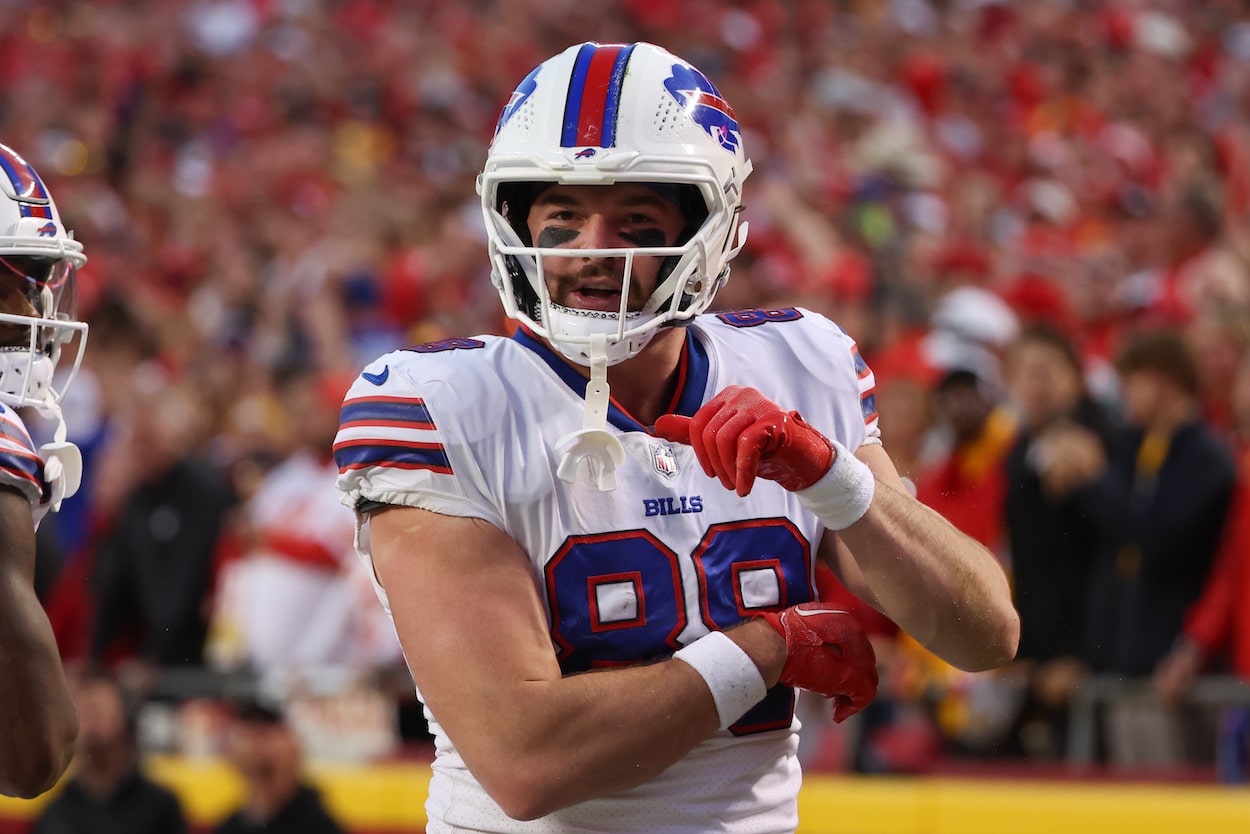 Dawson Knox celebrates after scoring a touchdown.