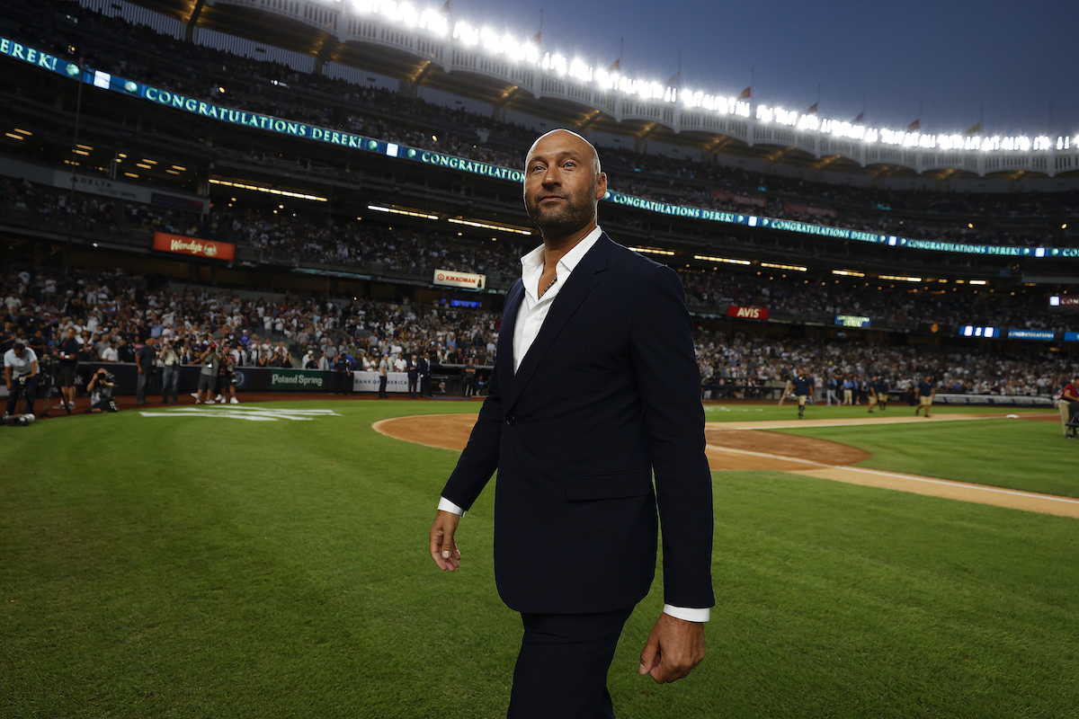 The New York Yankees honor Derek Jeter prior to a game