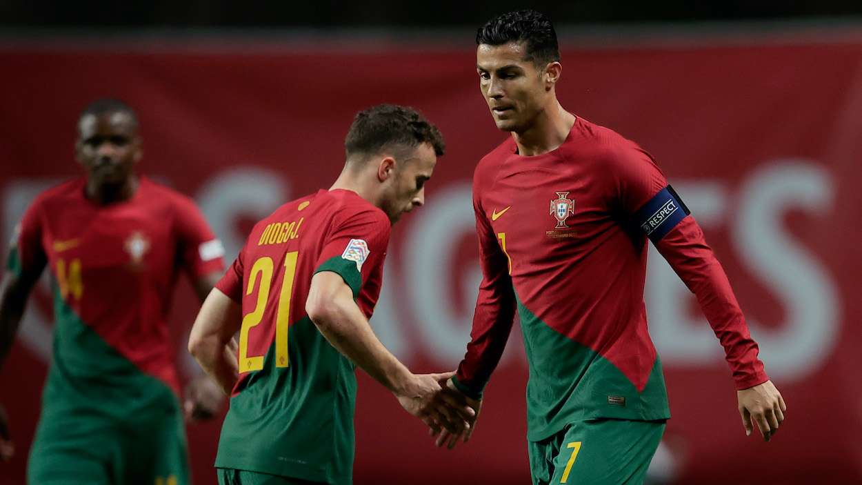 Diogo Jota and Cristiano Ronaldo of Portugal during a UEFA Nations league match.