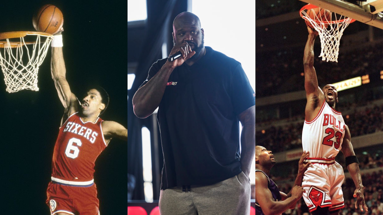 NBA legends Dr. J (L), Shaquille O'Neal (C), and Michael Jordan (R)