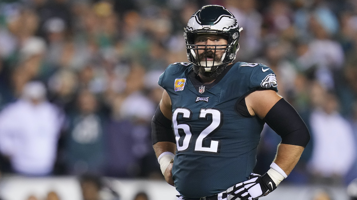 Jason Kelce of the Philadelphia Eagles looks on against the Dallas Cowboys.