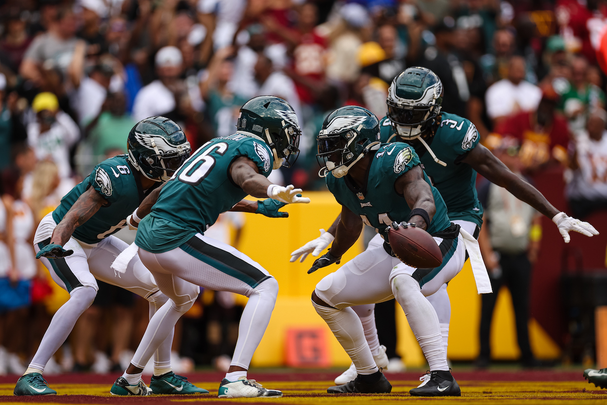 Eagles wide receivers celebrate after scoring a touchdown.