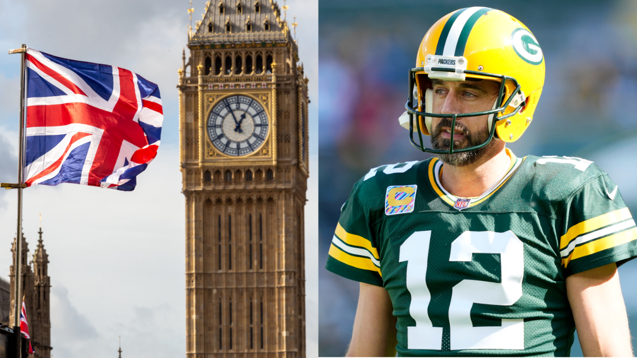 (L-R) Union Jack flag and Big Ben in London, Green Bay Packers QB Aaron Rodgers.