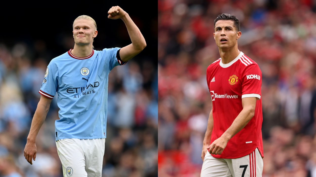 (L-R) Manchester City striker Erling Haaland, Manchester United forward Cristiano Ronaldo