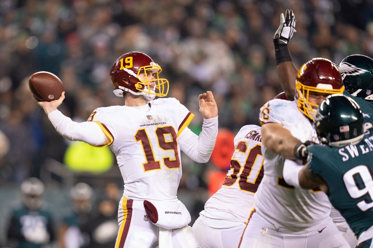 Garrett Gilbert of the Washington Football Team passes the ball against the Philadelphia Eagles.